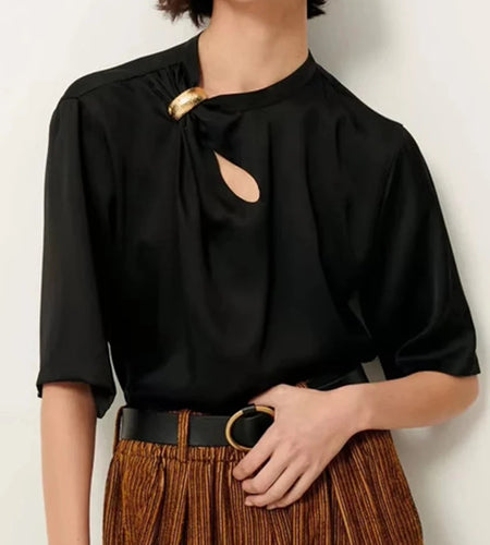 Solid Loose Spliced Folds Casual T Shirts for Women O Neck Half Sleeves Hollow Out Minimalist T Shirt Female New