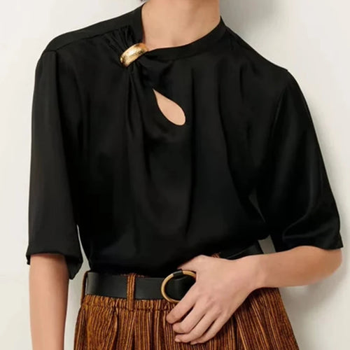 Load image into Gallery viewer, Solid Loose Spliced Folds Casual T Shirts for Women O Neck Half Sleeves Hollow Out Minimalist T Shirt Female New
