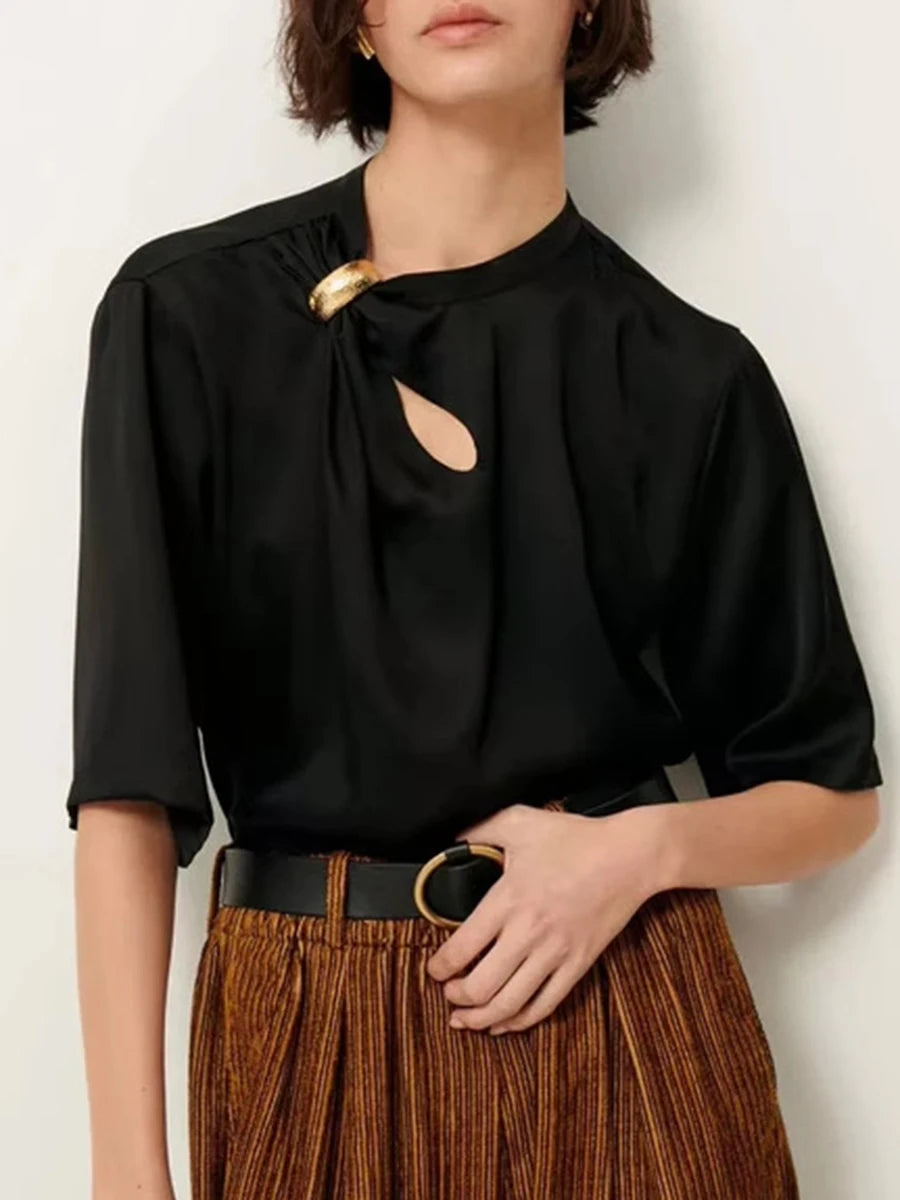 Solid Loose Spliced Folds Casual T Shirts for Women O Neck Half Sleeves Hollow Out Minimalist T Shirt Female New