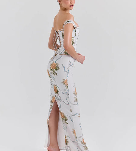 Vintage Print Sexy Maxi Dress Women Gown Summer Off-shoulder Sleeveless Backless Bodycon Club Party Long Dress Elegant