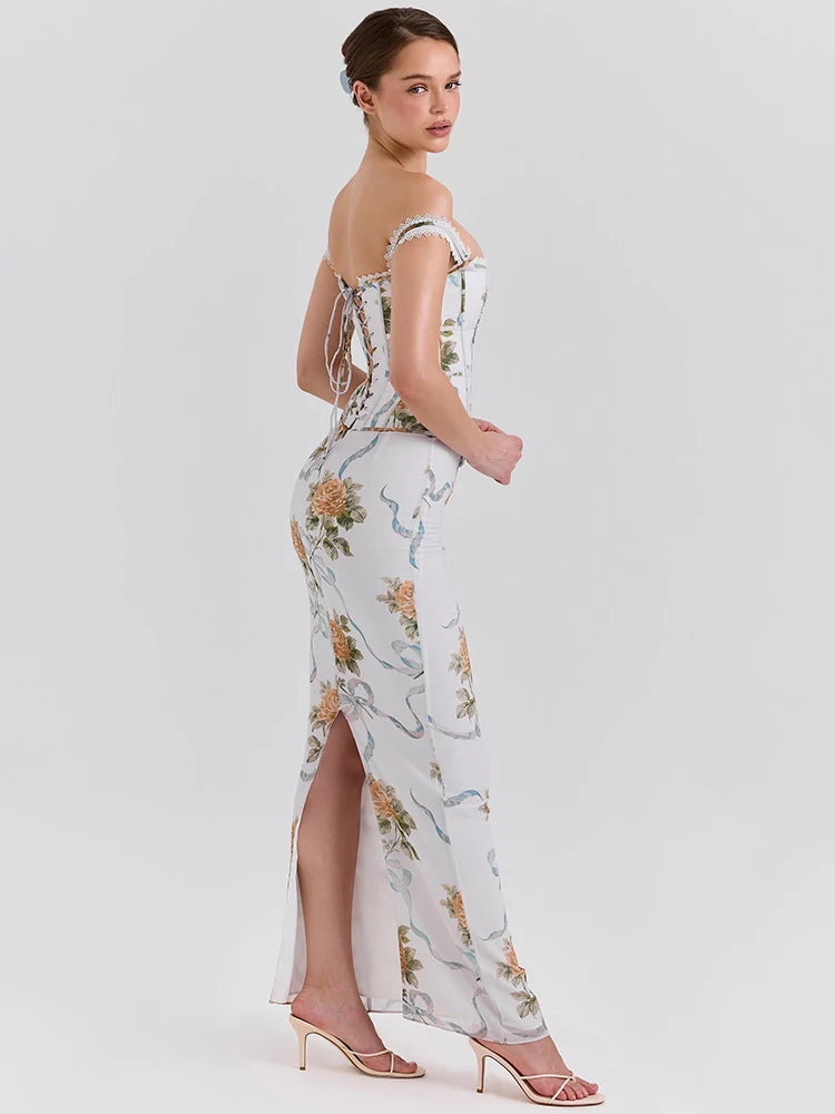 Vintage Print Sexy Maxi Dress Women Gown Summer Off-shoulder Sleeveless Backless Bodycon Club Party Long Dress Elegant