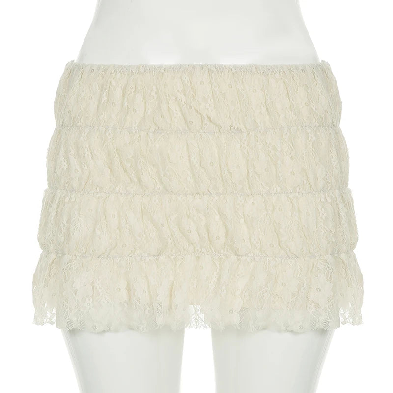 Holiday Fashion Folds Tiered Mini Lace Skirts Women‘s Cute Summer Low Waist Bottoms Y2K Aesthetics Beach Hottie Skirt