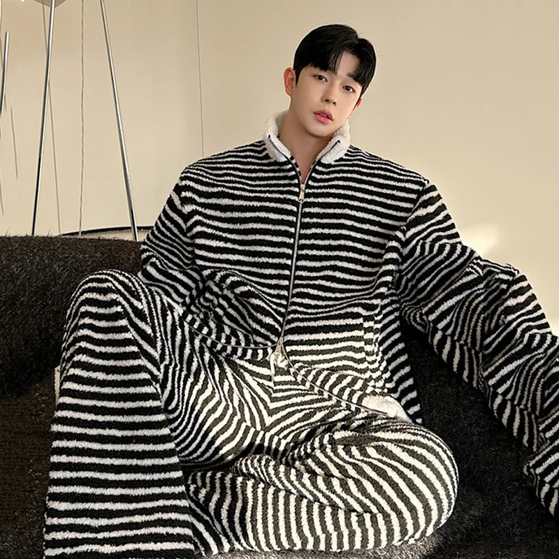 Stylish Korean Striped Suit Men Stand Collar Jacket Loose Wide Leg Straight Casual Pants Lace-up Patchwork Male Set 9C8952