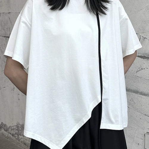 Load image into Gallery viewer, Women White Color-block Irregular Big Size T-shirt New Round Neck Half Sleeve Fashion Tide Spring Summer 2025 1DF9733
