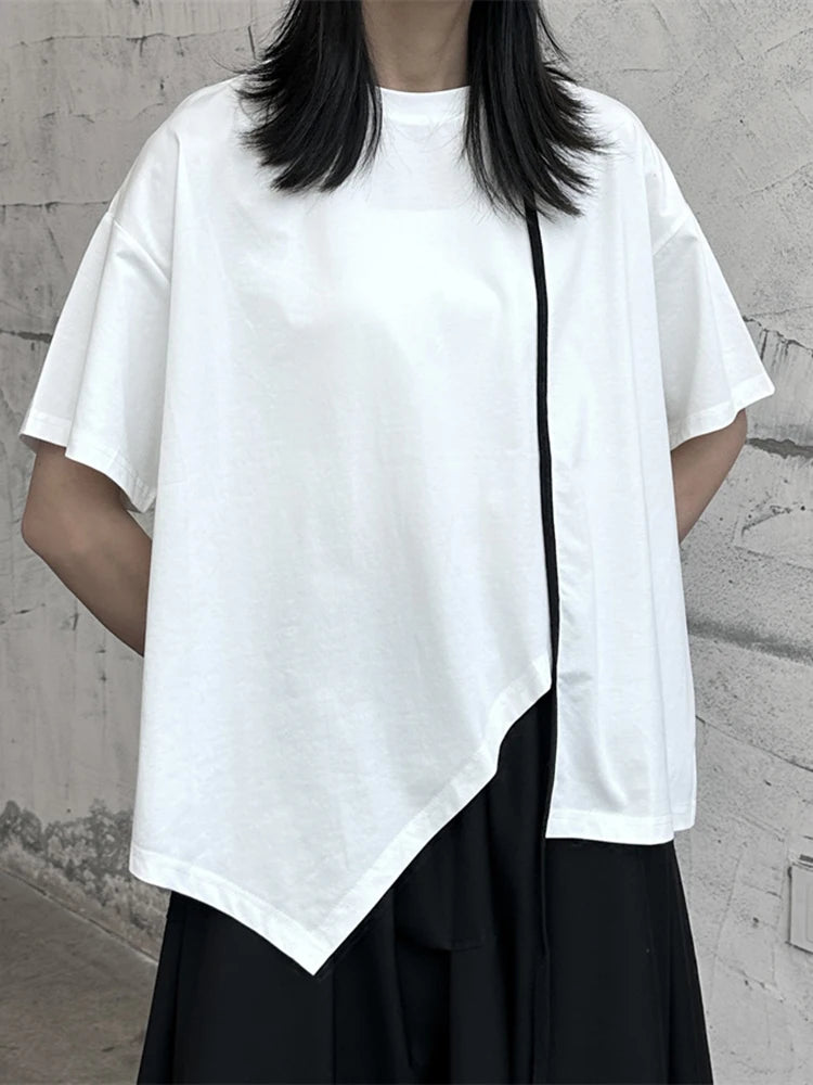 Women White Color-block Irregular Big Size T-shirt New Round Neck Half Sleeve Fashion Tide Spring Summer 2025 1DF9733