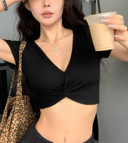 y2k Tops Summer Women Vest Solid Color Slim Fit V Neck Short Seeve Twist Front T Shirts 2000s Clothing Streetwear
