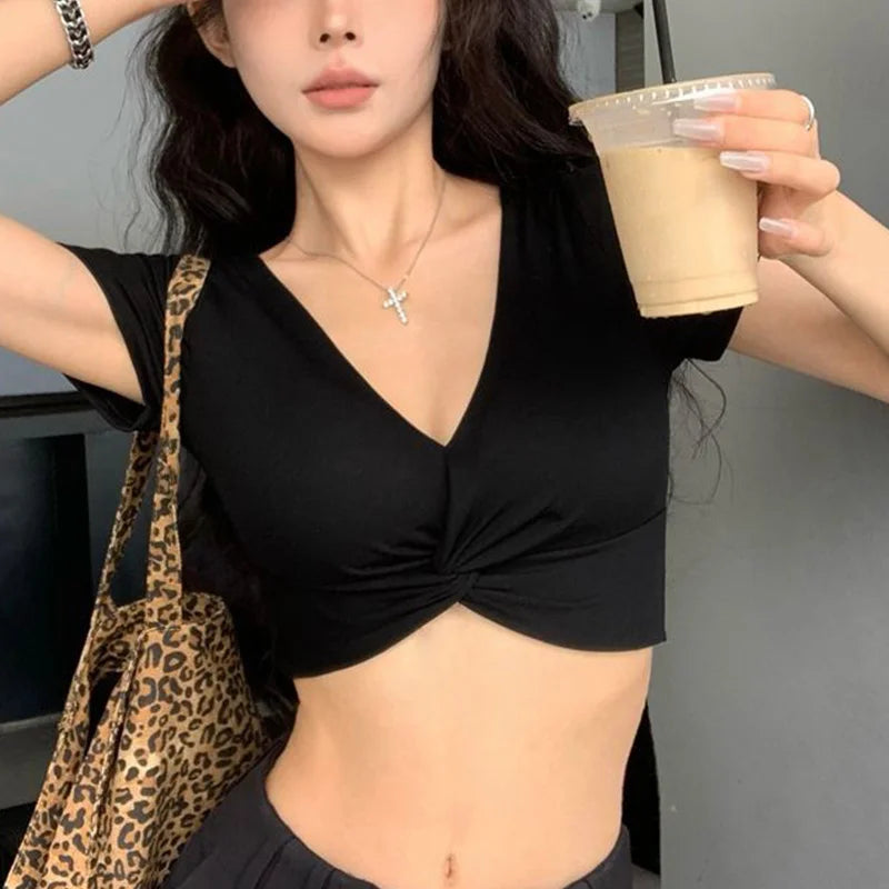y2k Tops Summer Women Vest Solid Color Slim Fit V Neck Short Seeve Twist Front T Shirts 2000s Clothing Streetwear