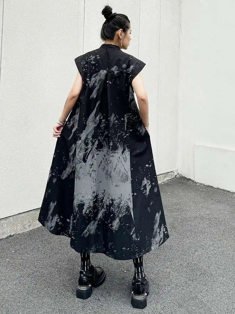 Women Black Pattern Printed Big Size Midi Shirt Dress New Stand Collar Sleeveless Fashion Tide Spring Summer 2025 1DH5837