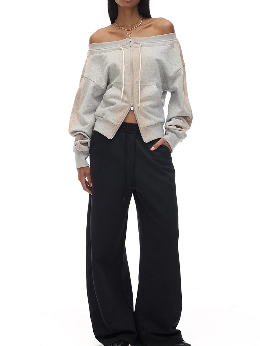 Solid Spliced Zipper Sweatershirts For Women Slash Neck Long Sleeve Patchwork Lace Up Top Female Fashion Style New