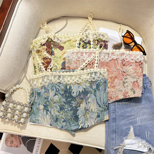 Load image into Gallery viewer, Retro Lace Painting Flower Print Tank Tops Summer Camisole Women's Elegant Slim Asymmetrical Short Slip Vest Sexy Club Y2k Boho
