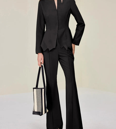 Solid Slimming Two Piece Sets for Women V Neck Long Sleeves Irregular Top High Waist Pant Elegant Set Female New