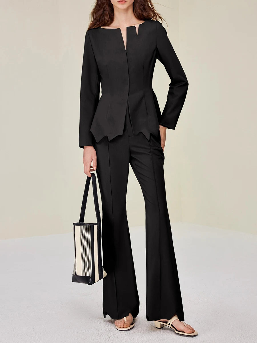 Solid Slimming Two Piece Sets for Women V Neck Long Sleeves Irregular Top High Waist Pant Elegant Set Female New