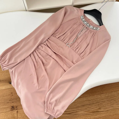 Load image into Gallery viewer, Autumn Women Pink Diamond Round Neck Hollow Out Party Mini Dress French New High Waist Sexy Elegant Wrap Hip Pleated Short Dress
