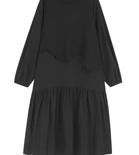 Women Black False Two Ruffles Hem Big Size Midi Dress New Round Neck Long Sleeve Fashion Tide Spring Autumn 2025 1DH9654