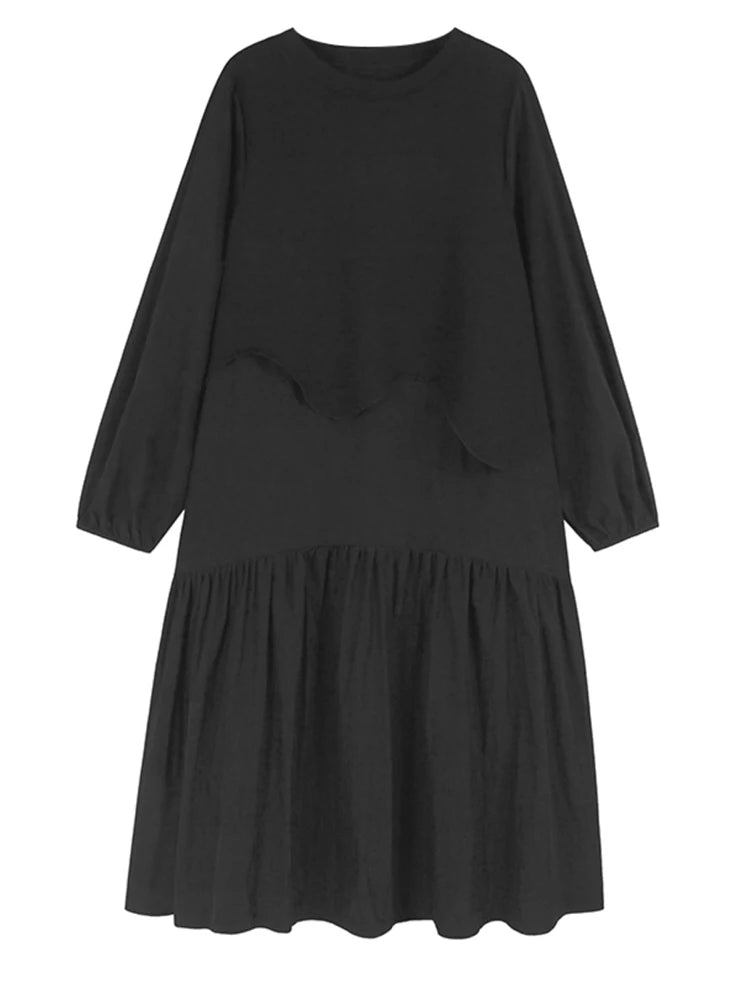 Women Black False Two Ruffles Hem Big Size Midi Dress New Round Neck Long Sleeve Fashion Tide Spring Autumn 2025 1DH9654