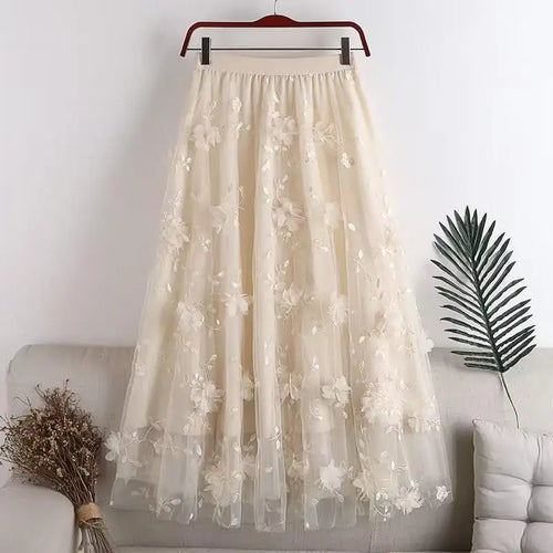 Load image into Gallery viewer, Elastic High Waist Skirt Ladies Summer Vintage Jacquard Butterfly Tulle Skirts Womens Fashion Embroidery Mesh Midi Skirt Women
