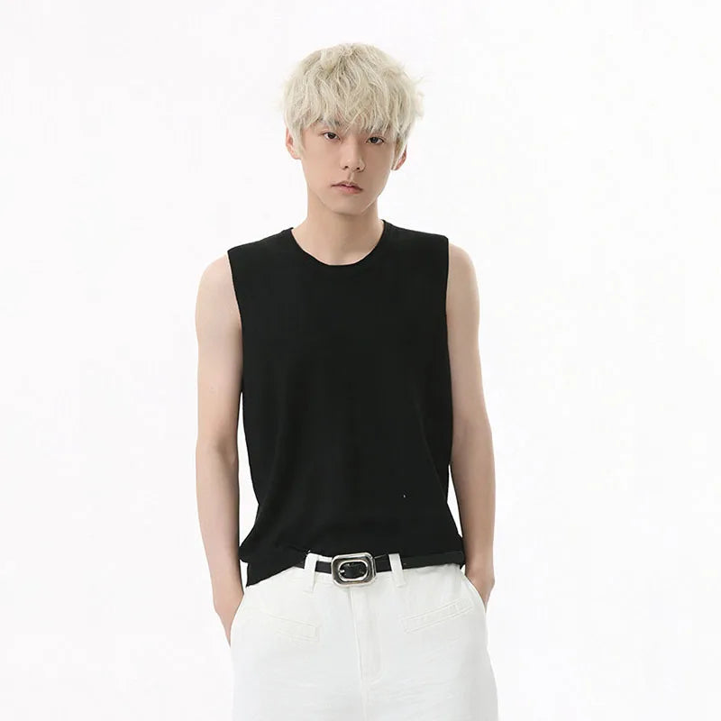 Men's Vest New Summer Korean Round Neck Design Solid Color Loose Sleeveless T-shirt Knitted Casual Male Top Trend 9W1592
