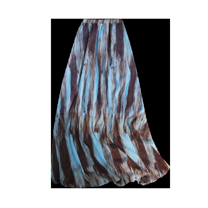 Korean Blue Brown Tie Dye Vacation Pleated Long Skirts Women Summer Vintage High Waist Festival Streetwear Mid-length Boho Skirt