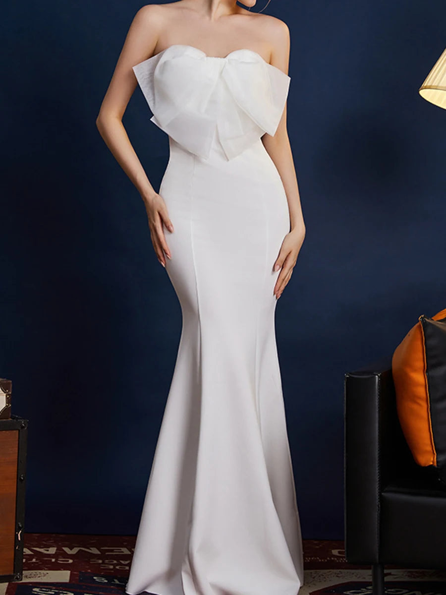 Solid Spliced Bowknot Slimming Dresses For Women Strapless Sleeveless High Waist Temperamnet Dress Female Fashion