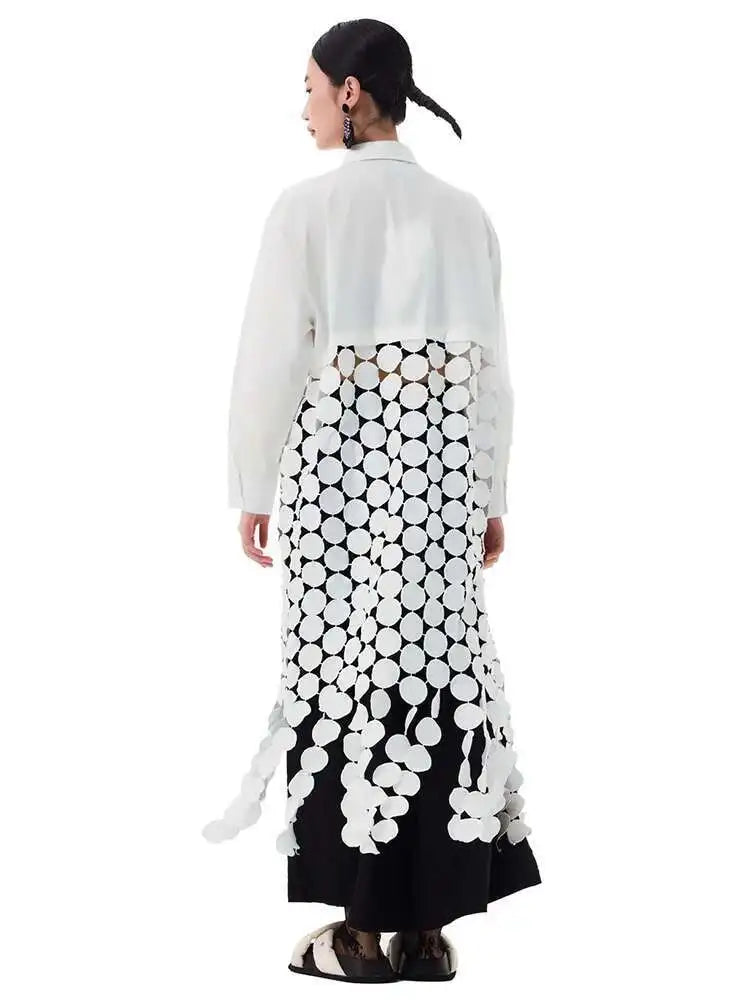 Women White Dot Tassels Hollow Out Midi Big Size Shirt Dress New Lapel Long Sleeve Fashion Tide Spring Autumn 2025 1DH9464