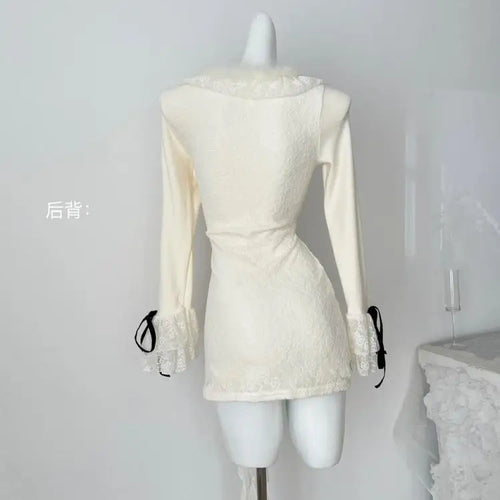 Load image into Gallery viewer, Autumn Vintage Beige Patchwork Lace V Neck Elegant Bow Short Dresses Women Long Sleeves Festival Ruffle Edge Party Dress Fashion
