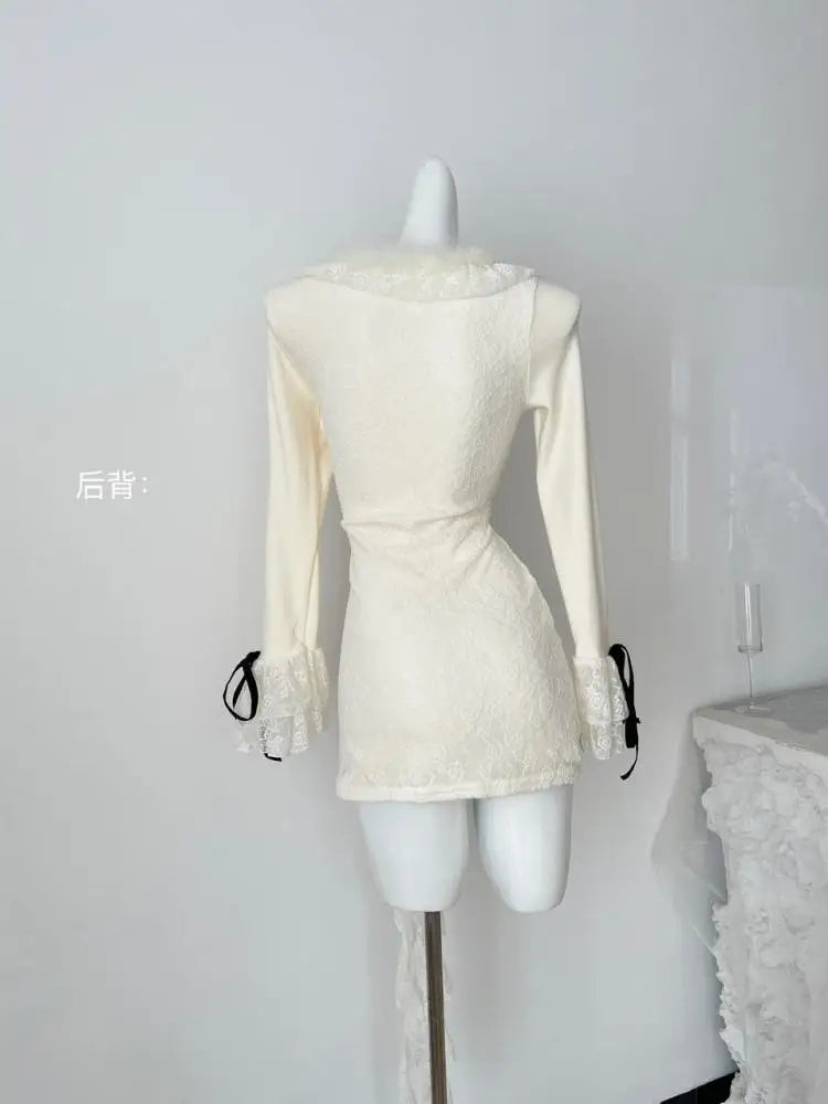 Autumn Vintage Beige Patchwork Lace V Neck Elegant Bow Short Dresses Women Long Sleeves Festival Ruffle Edge Party Dress Fashion