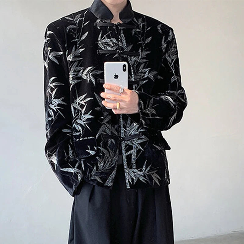 Men's Suit Coat New Spring  Embroidered Bamboo Design Leaf Chinese Style Knot Button Single Breasted Male Clothing 9W1698