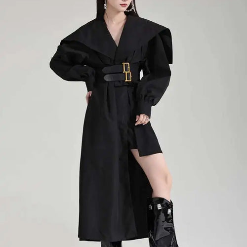 Load image into Gallery viewer, Women Black Irregular Shirt Dress New Lapel Lartern Long Sleeve Belt Waist Loose Fashion Tide Spring Autumn 2025 1DH2257
