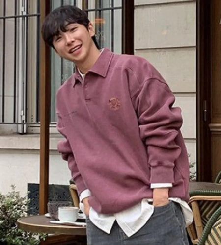 Men's Sweatshirt New Spring Turn-down Collar Loose Embroidered Top Korean Long Sleeve Pullover Fashion Clothing 9W1485