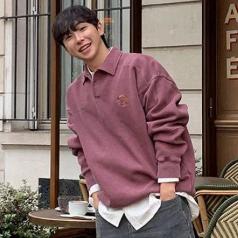 Men's Sweatshirt New Spring Turn-down Collar Loose Embroidered Top Korean Long Sleeve Pullover Fashion Clothing 9W1485