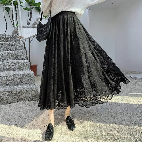 Load image into Gallery viewer, Spring Summer French Fashion Vintage Solid Lace Slim Long Skirt Women High Waist Elegant Party Pleated A-line Skirt New Clothing
