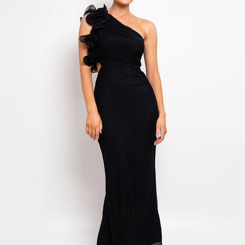 Load image into Gallery viewer, Shoulder Floral Mesh Ruched Sexy Maxi Dress For Women Gown Oblique Shoulder Sleeveless Backless Bodycon Long Dress
