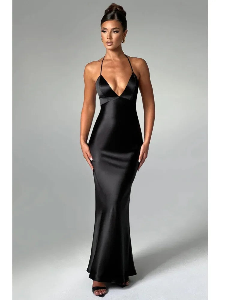 Sexy Sleeveless Backless Slim Fitting Dress For Women Elegant Party Evening Long Dress Satin Temperament Female Vestidos