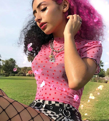 Hot Mesh Heart Turtleneck T Shirts Tops Women Transparent 2024 See Through White Black Elastic Skinny Crop Tops Stretchy New