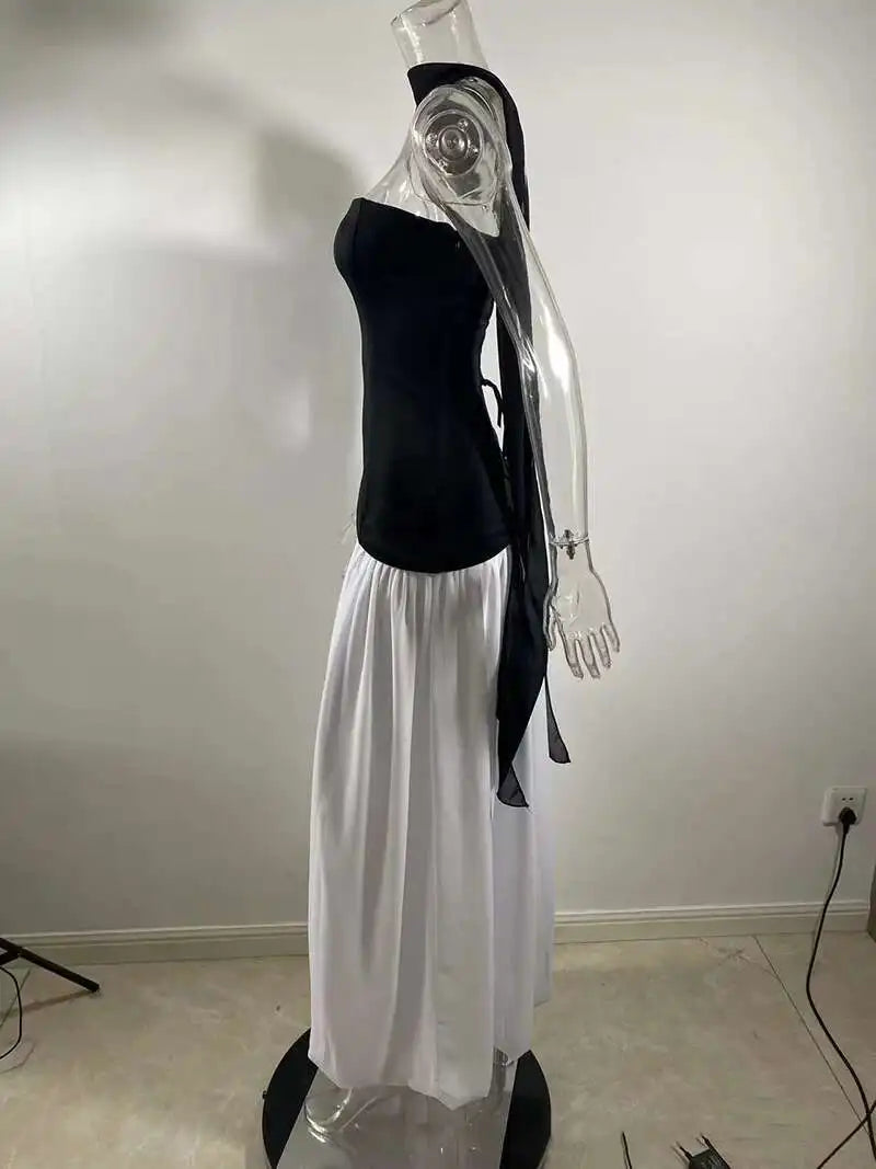 Strapless Off-shoulder Sexy Maxi Dress For Women Gown Patchwork Scarf Collar Thigh High Split Club Party Long Dress