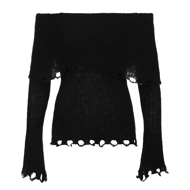 Grunge Fashion Frill Off Shoulder Autumn Sweater Women Flare Sleeve Vintage Pullover Knitwear Transparent Knit Jumper