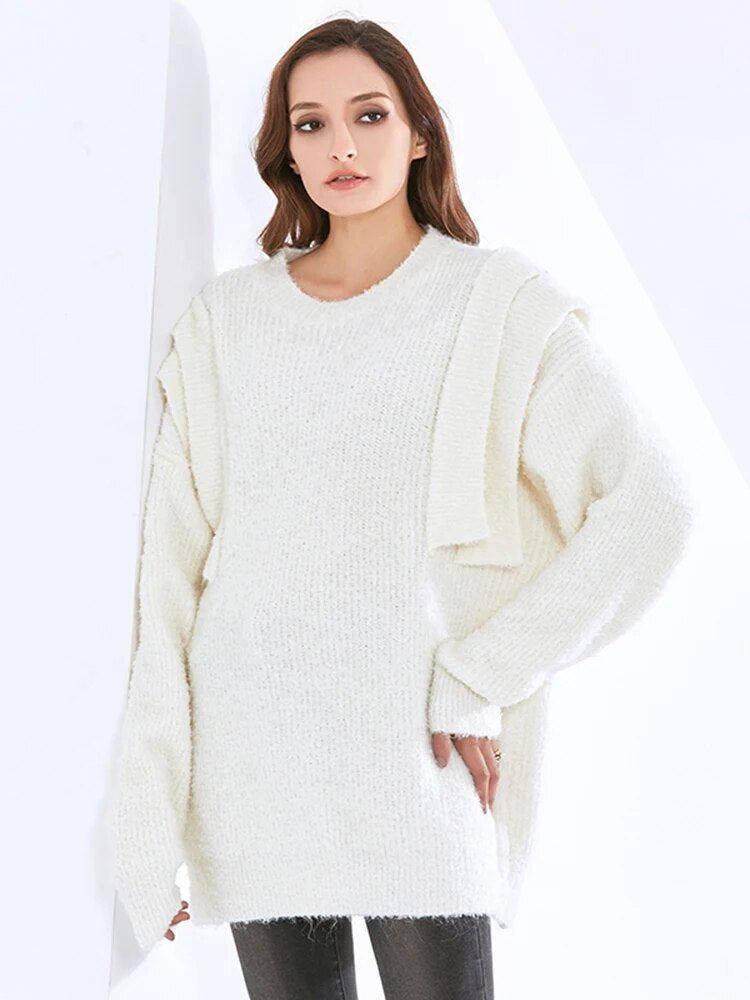 Folds Knitting Solid Sweaters For Women Round Neck Long Sleeve Pullover Casual Loose Sweater Female Fashion Clothes