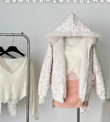 Korean Fashion Women's White Print Hooded Long Sleeved Elegant Short Cotton Coat Autumn Winter Warm Zipper Hairy Jacket Tops New