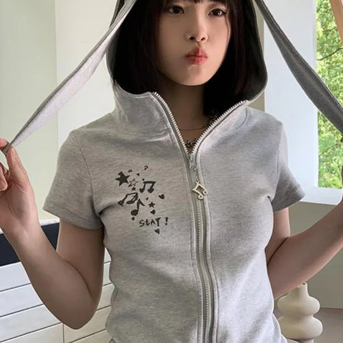 Load image into Gallery viewer, Kawaii Rabbit Ear Zipper T-shirts Y2k Aesthetic Slim Streetwear Korean Fashion Tees Short Sleeve Fairy Harajuku Hoody Top Women
