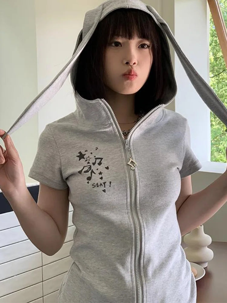 Kawaii Rabbit Ear Zipper T-shirts Y2k Aesthetic Slim Streetwear Korean Fashion Tees Short Sleeve Fairy Harajuku Hoody Top Women