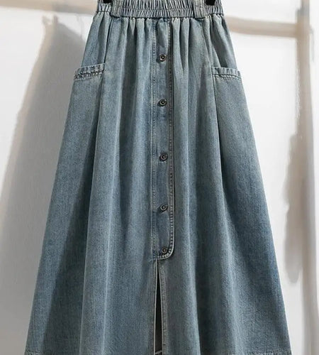 Korean Vintage Blue Single Breasted Vacation Pleated Denim Skirt Women's 2024 Autumn Winter Elegant High Waist Jean Long Skirts