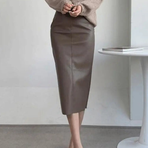 Load image into Gallery viewer, Autumn Winter New Black Leather High Waist Midi Skirt Women Korean Fashion Brown Office Straight Wrap Hip Split Skirt Streetwear
