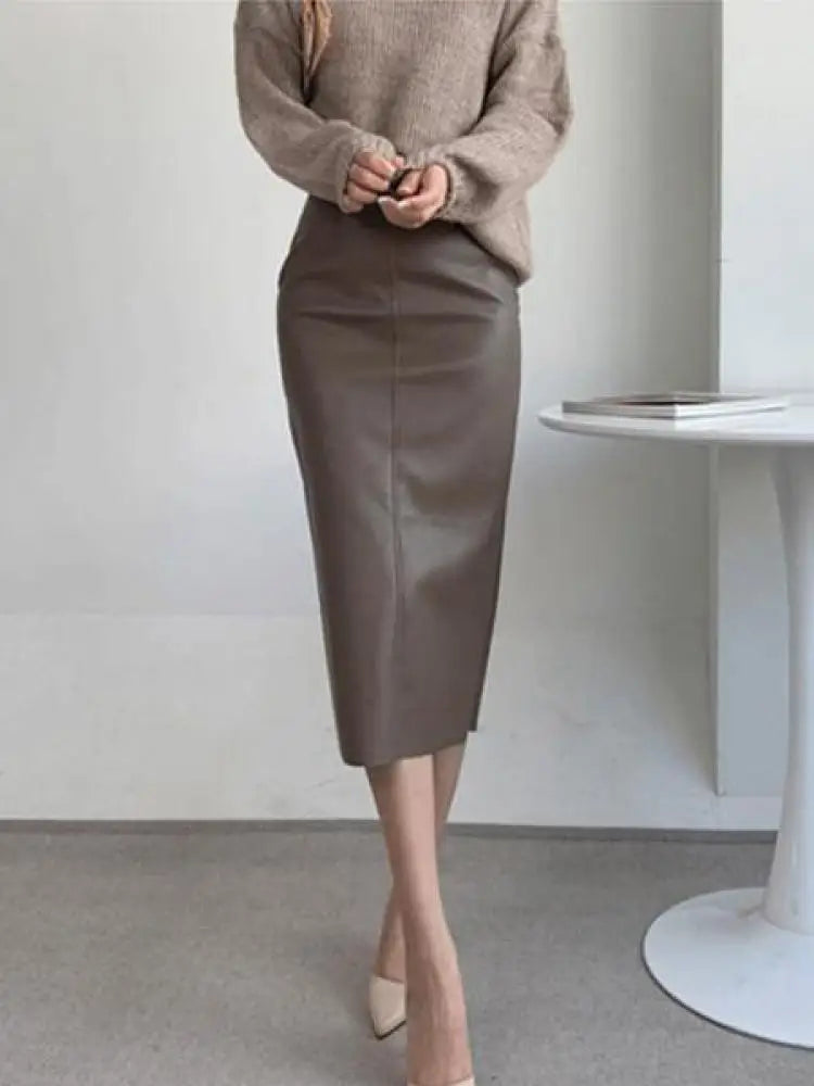 Autumn Winter New Black Leather High Waist Midi Skirt Women Korean Fashion Brown Office Straight Wrap Hip Split Skirt Streetwear