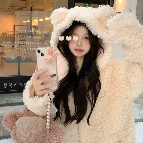 Load image into Gallery viewer, Japanese Style Autumn Winter Women Sweet Lamb Wool Jacket Kawaii Soft Bear Ears Hooded Coats Kawaii Tops Y2k Girls Cute Outwear
