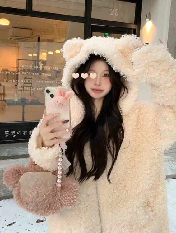 Japanese Style Autumn Winter Women Sweet Lamb Wool Jacket Kawaii Soft Bear Ears Hooded Coats Kawaii Tops Y2k Girls Cute Outwear