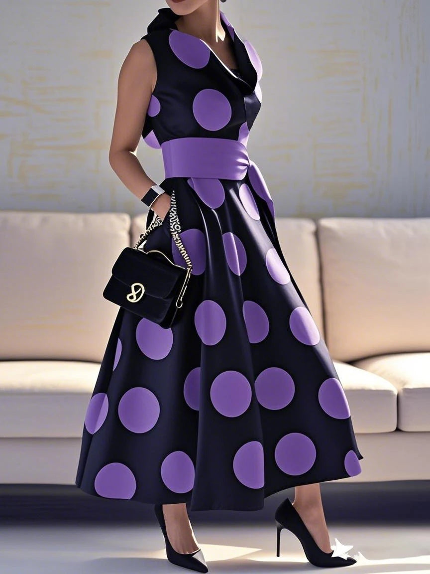 Women's Elegant Polka-dot Maxi Dresses 2025 Summer Dress Tied Waist  A-line Long Dress for Woman Clothing Party Dresses