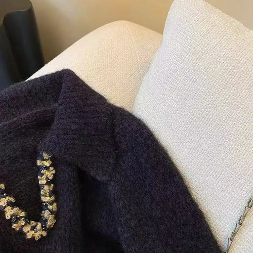 Load image into Gallery viewer, Autumn Winter Black Sequin Long Sleeves Knitted Sweater French Fashion Women's Elegant Lapel Versatile Short Pullover Tops Trend
