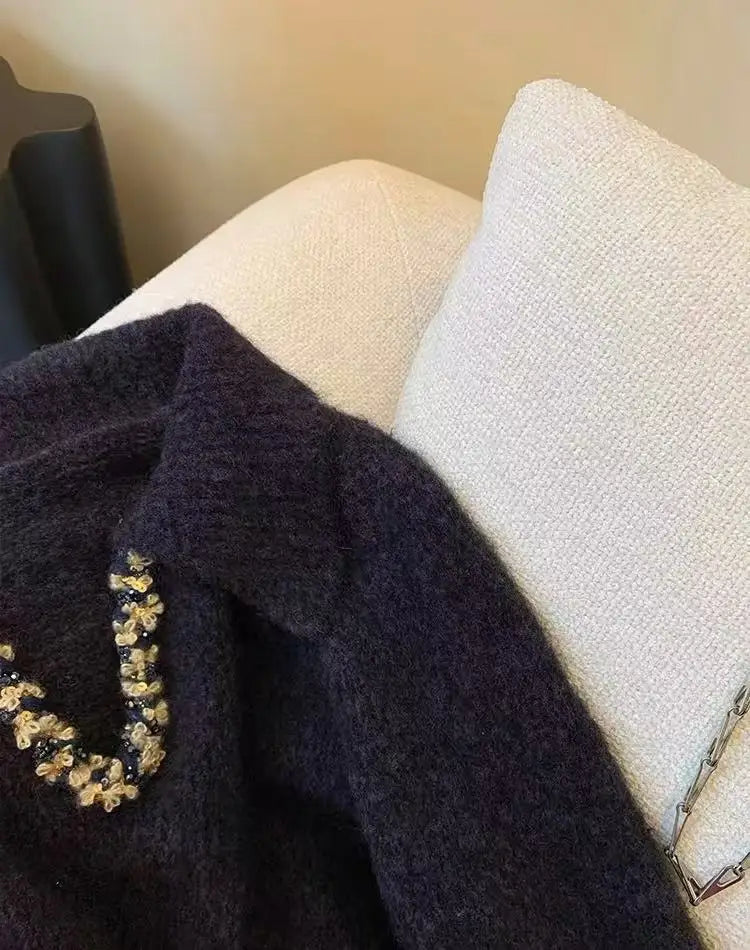 Autumn Winter Black Sequin Long Sleeves Knitted Sweater French Fashion Women's Elegant Lapel Versatile Short Pullover Tops Trend