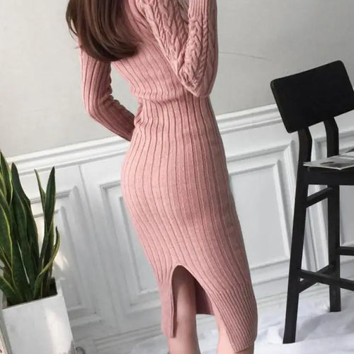 Load image into Gallery viewer, Autumn Winter Korean Blue Pink High Neck Slim Long Sleeve Dresses Women Retro Blue Temperament Wrap Hip Knitted Dress Simplicity
