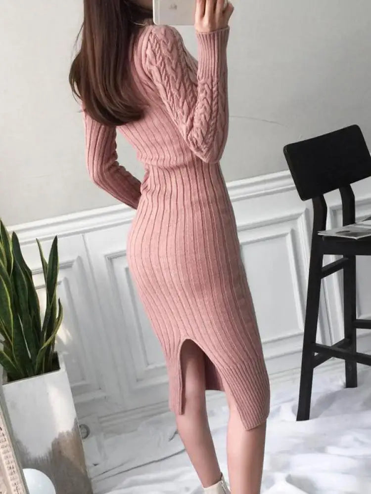 Autumn Winter Korean Blue Pink High Neck Slim Long Sleeve Dresses Women Retro Blue Temperament Wrap Hip Knitted Dress Simplicity